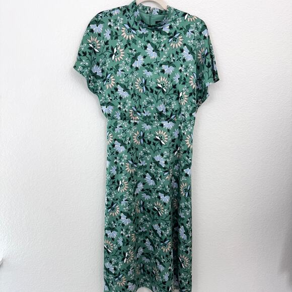 Ann Taylor Womens Floral Midi Dress Size 10 Mock Neck Chiffon Green - Picture 1 of 9
